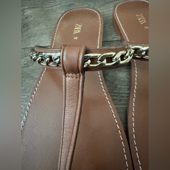 Zara Brown Leather Sandals with Gold Chain, Size 39(8.5) - Picture 5 of 9
